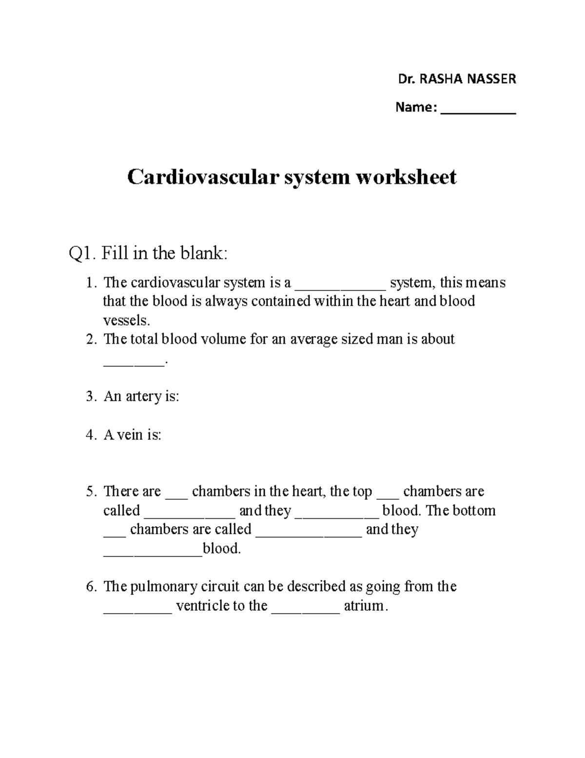 Cardiovascular System Worksheet for Anatomy Study (Course Code: ANAT101 ...