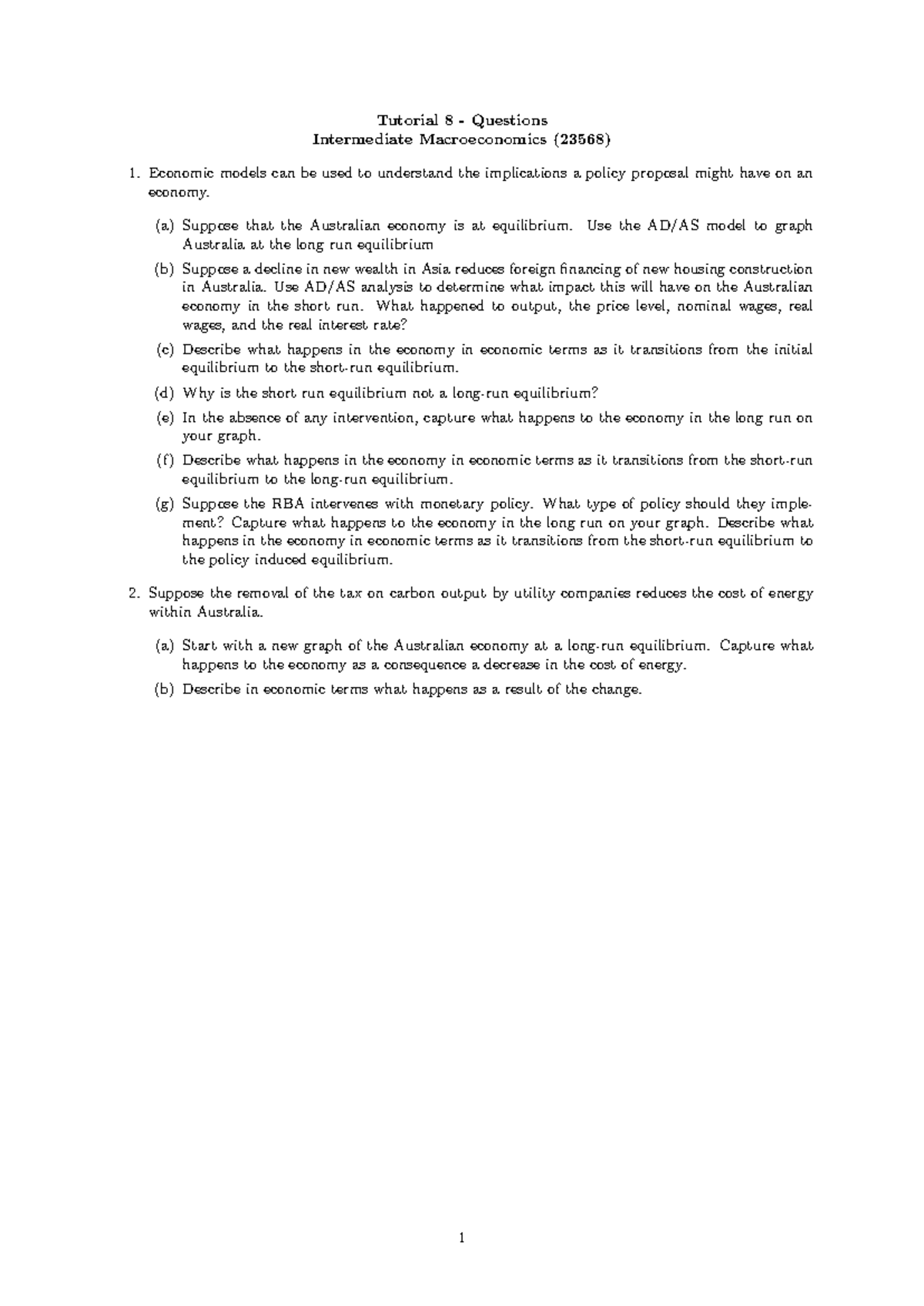 Tutorial 8 Questions: Intermediate Macroeconomics (23568) Analysis ...