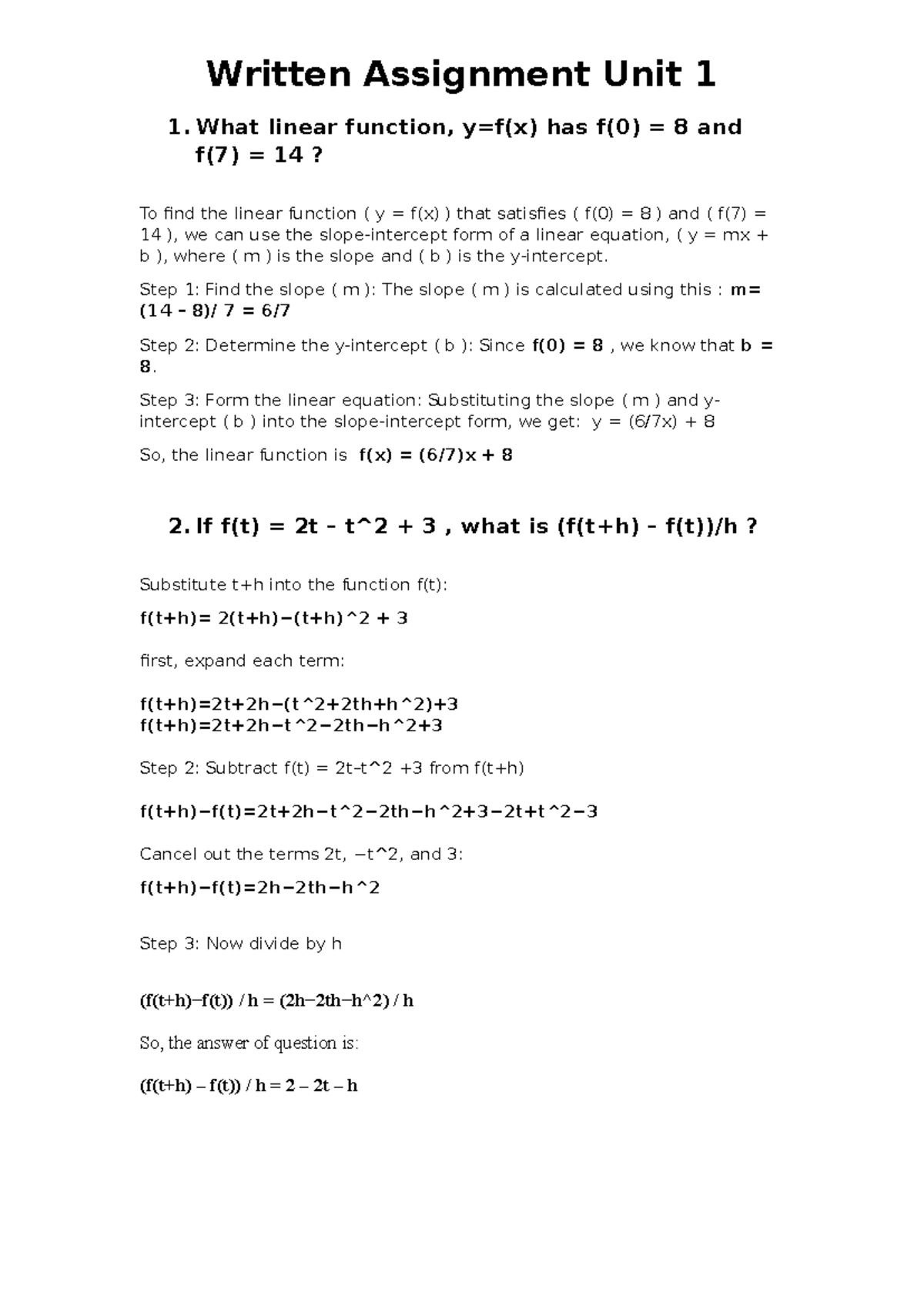 Written Assignment Unit 1: Exploring Linear Functions and Graph ...