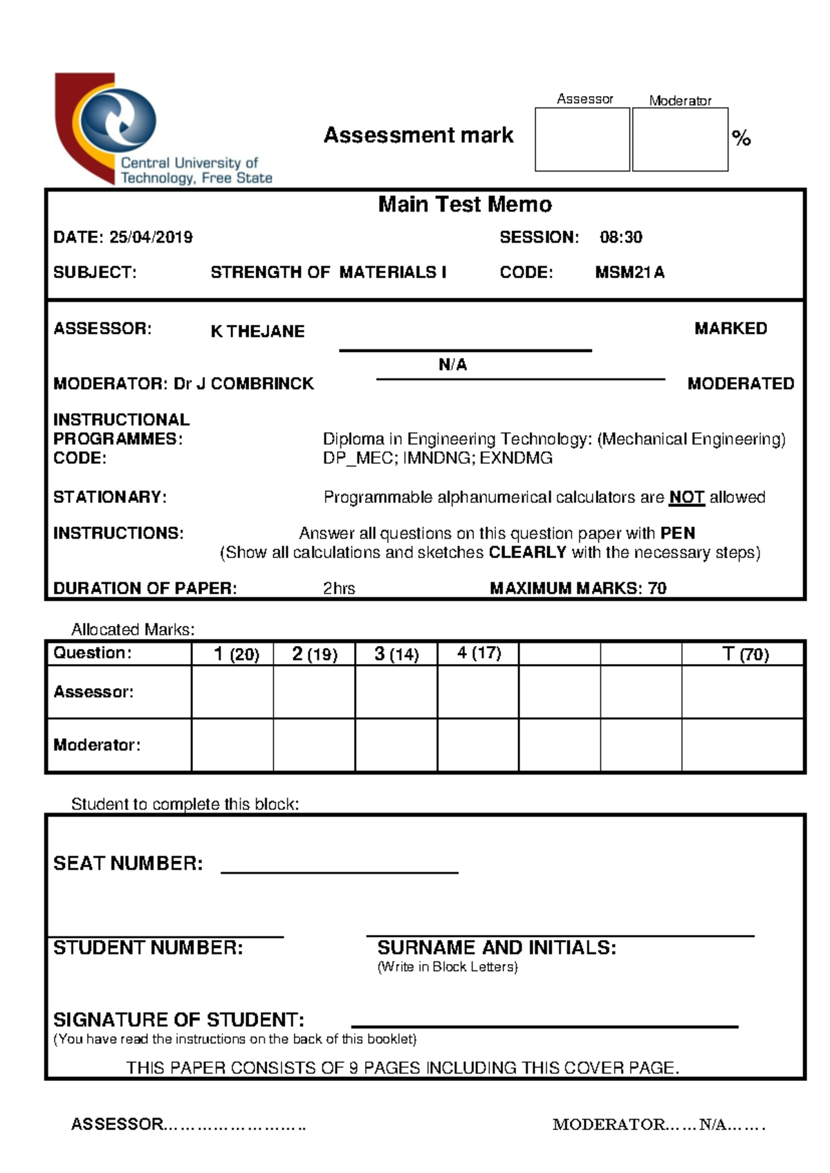 2019 S1 MSM21A Strength of Materials Main Test Memo - Studocu