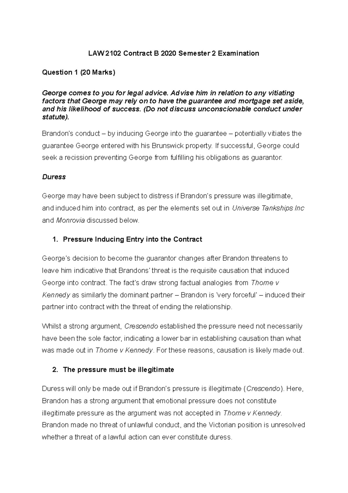 LAW 2102 Contract B 2020 Semester 2 Exam Analysis: Vitiating Factors ...