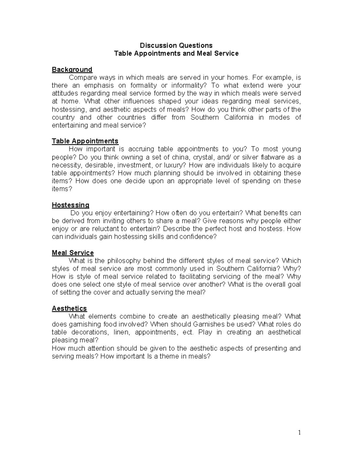 321 Table Appointments and Meal Service Discussion Guide - Studocu