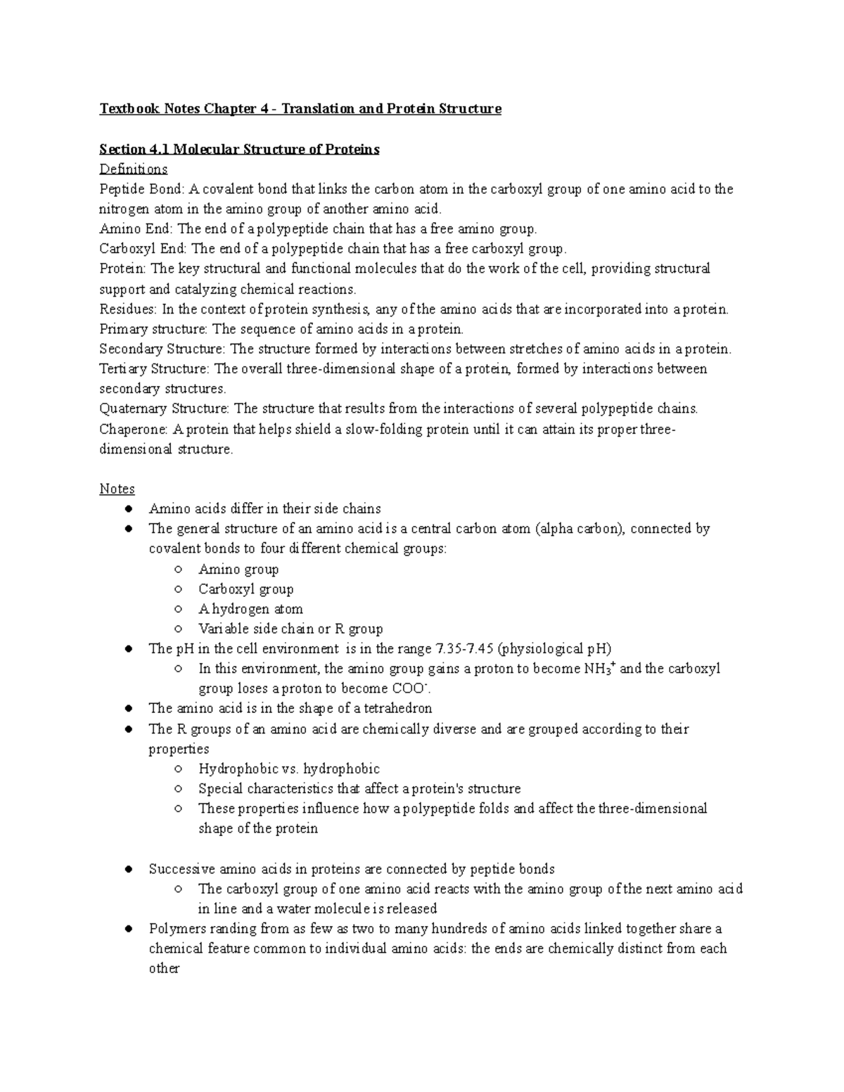 Chapter 4 - Translation and Protein Structure - Textbook Notes Chapter ...