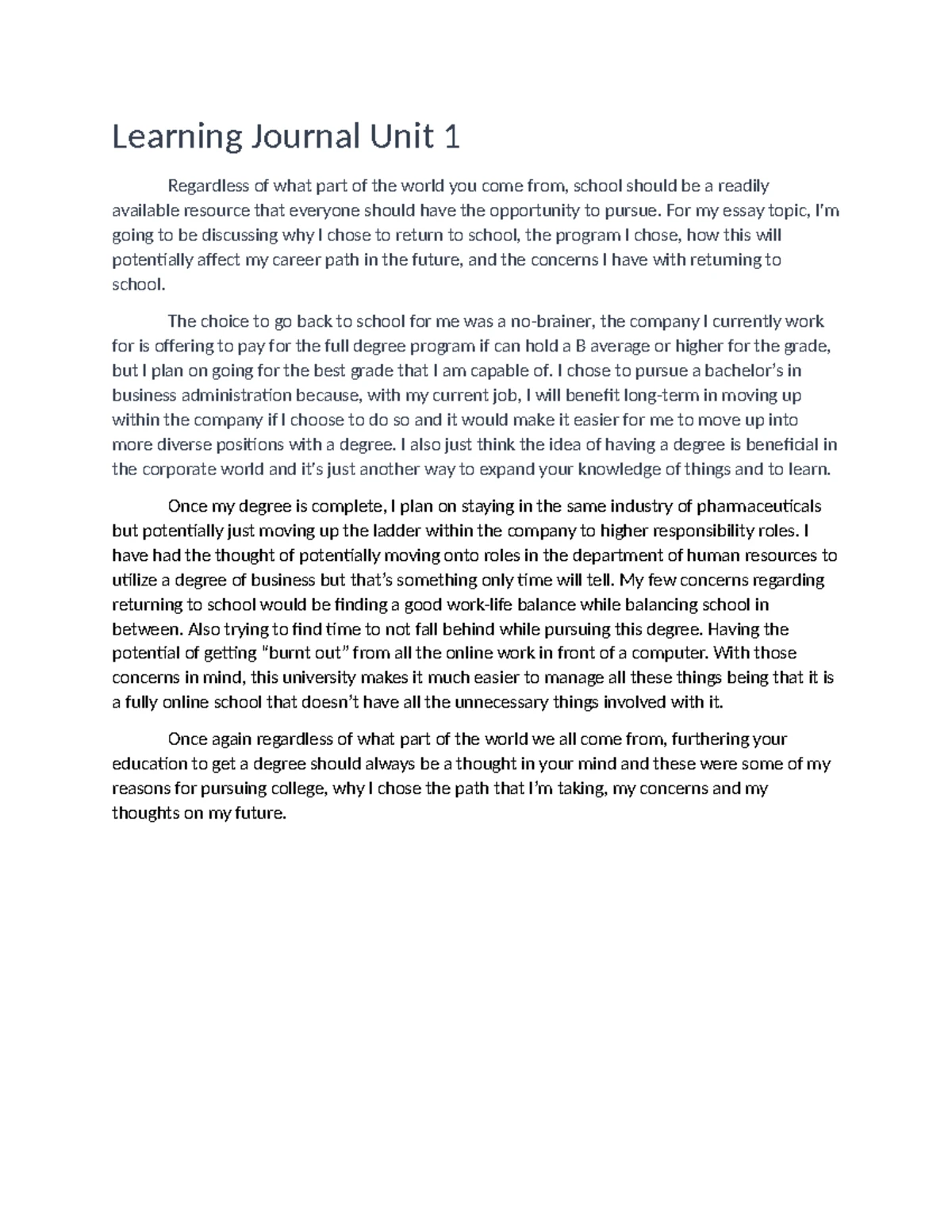Learning journal unit 1: expectations and skills in marketing (BUS ...