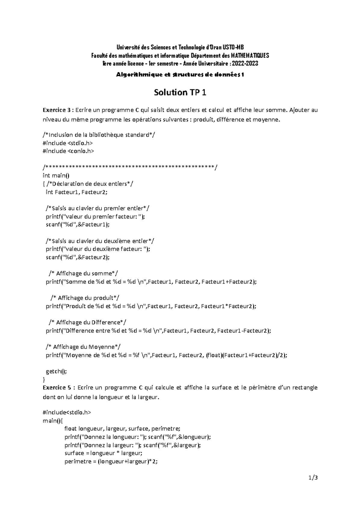 TP 1 - Solutions des Exercices en Algorithmique C - USTO-MB - Studocu