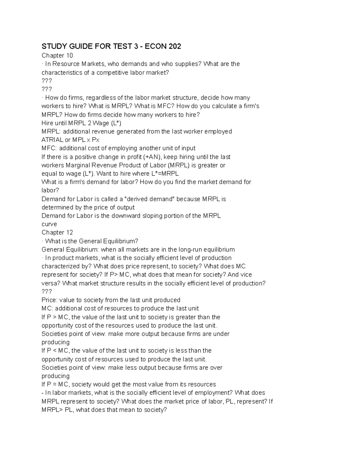 Study Guide for Test 3 - ECON 202: Key Concepts & Market Structures ...