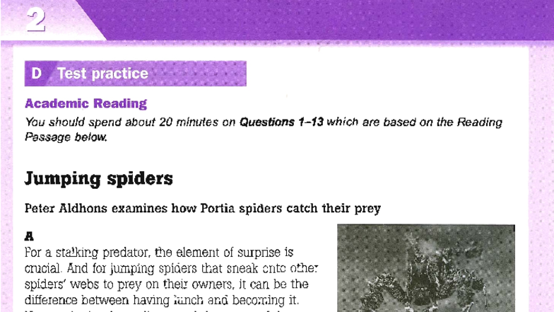 2D Test Practice: Academic Reading on Portia Spiders - Studocu