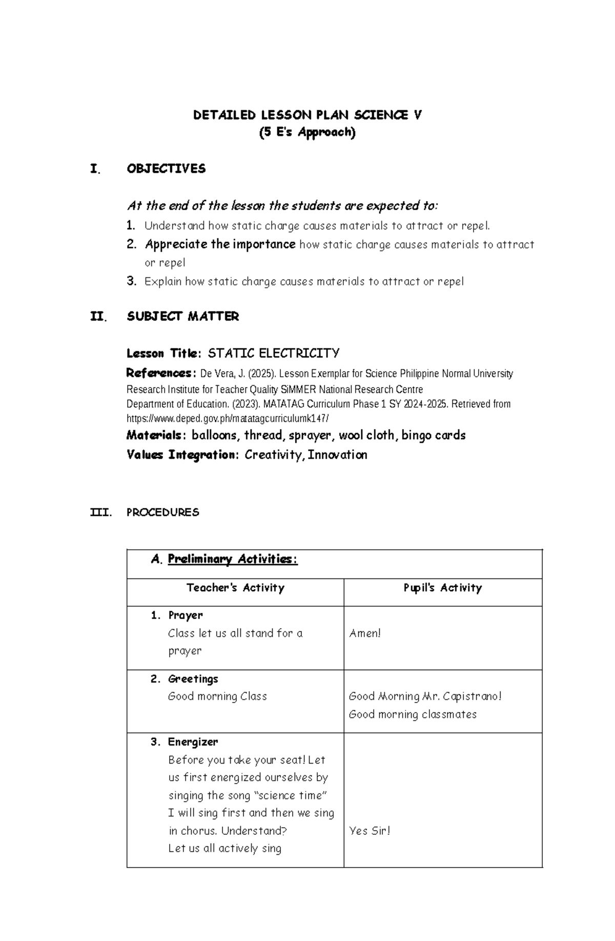 DETAILED LESSON PLAN: STATIC ELECTRICITY (SCIENCE V) - Studocu