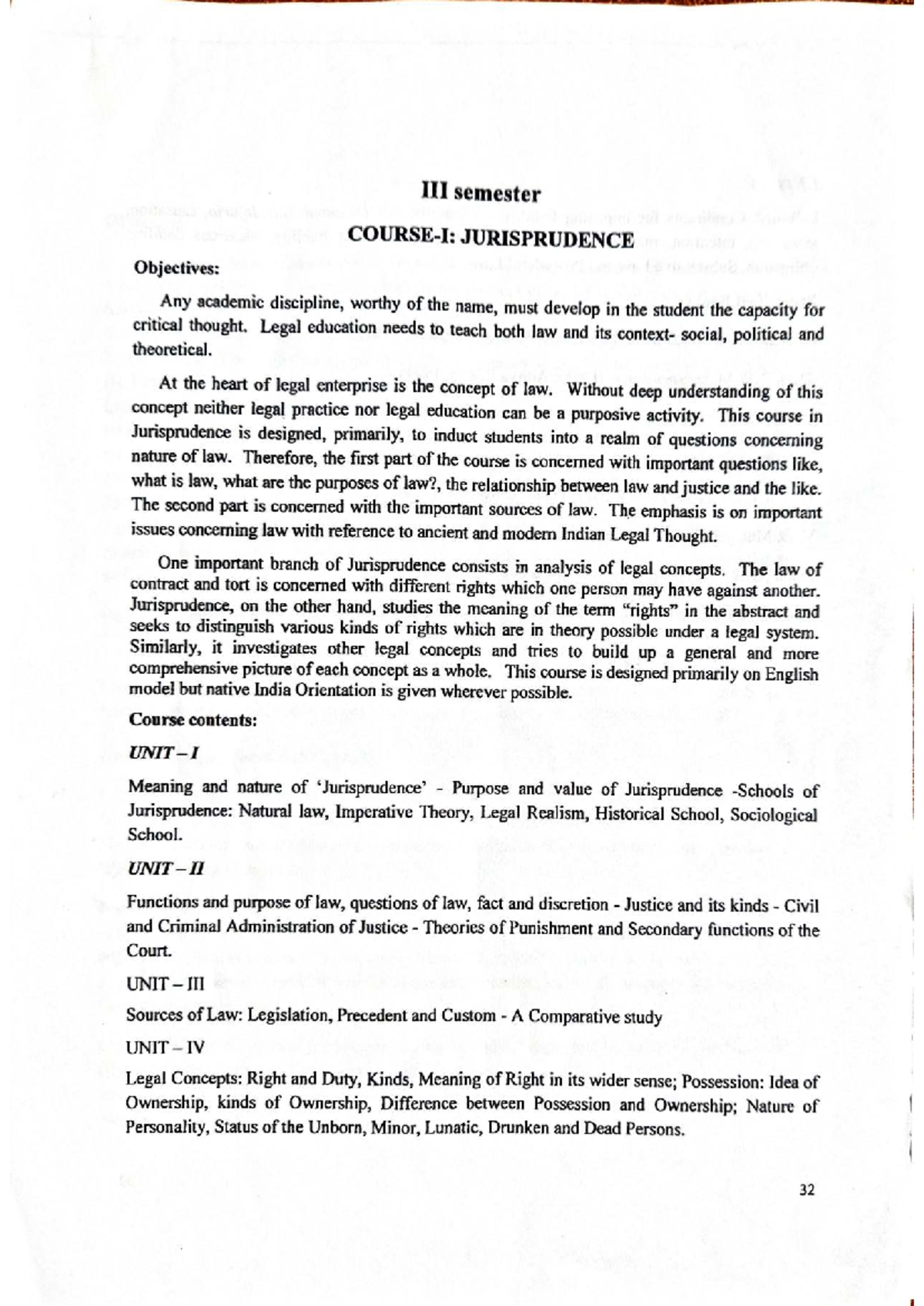 III Semester Jurisprudence and Labour Law Course Outline - Studocu