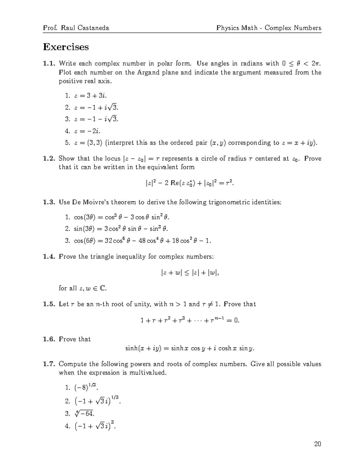 Complex Numbers Exercises 1.1 - Prof. Raul Castaneda - Studocu