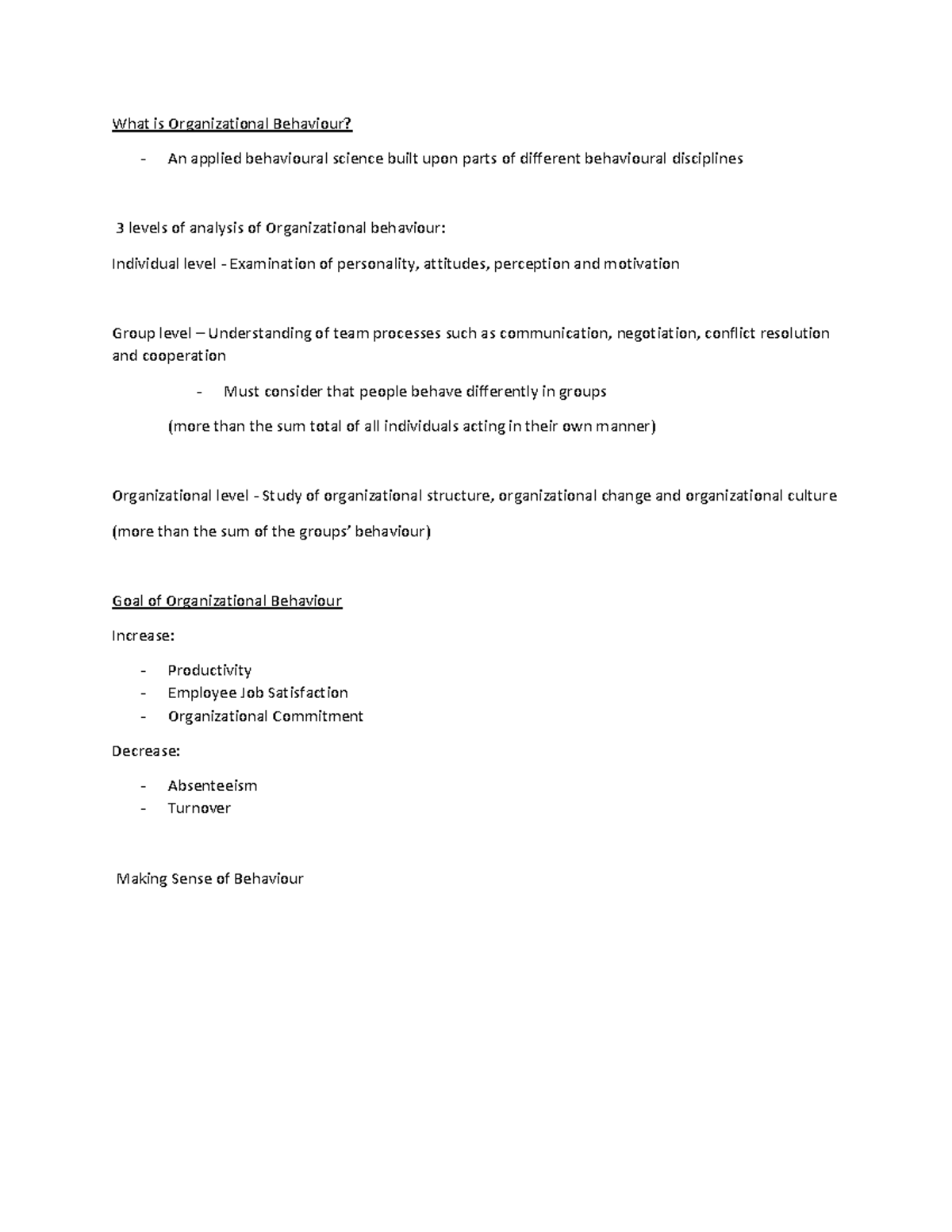 Organizational Behaviour Unit 1 Summary Notes - Studocu