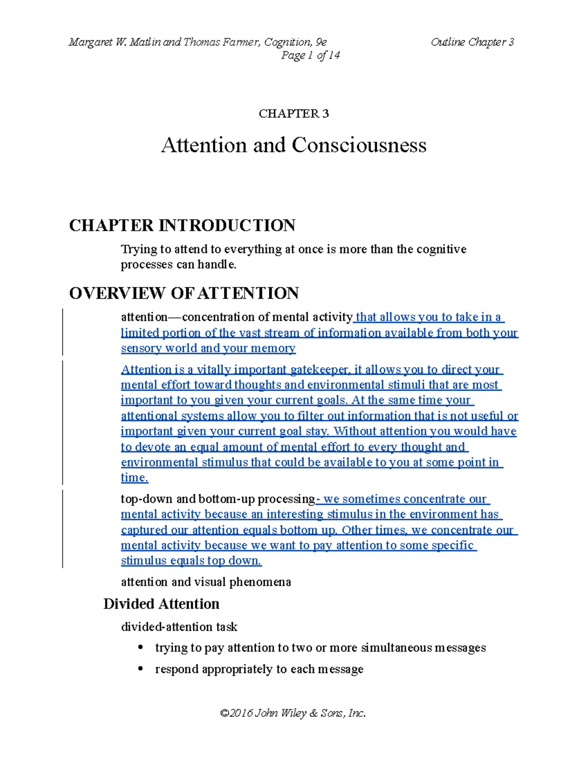 Cognitive Psychology Chapter 3 Outline: Attention and Consciousness ...