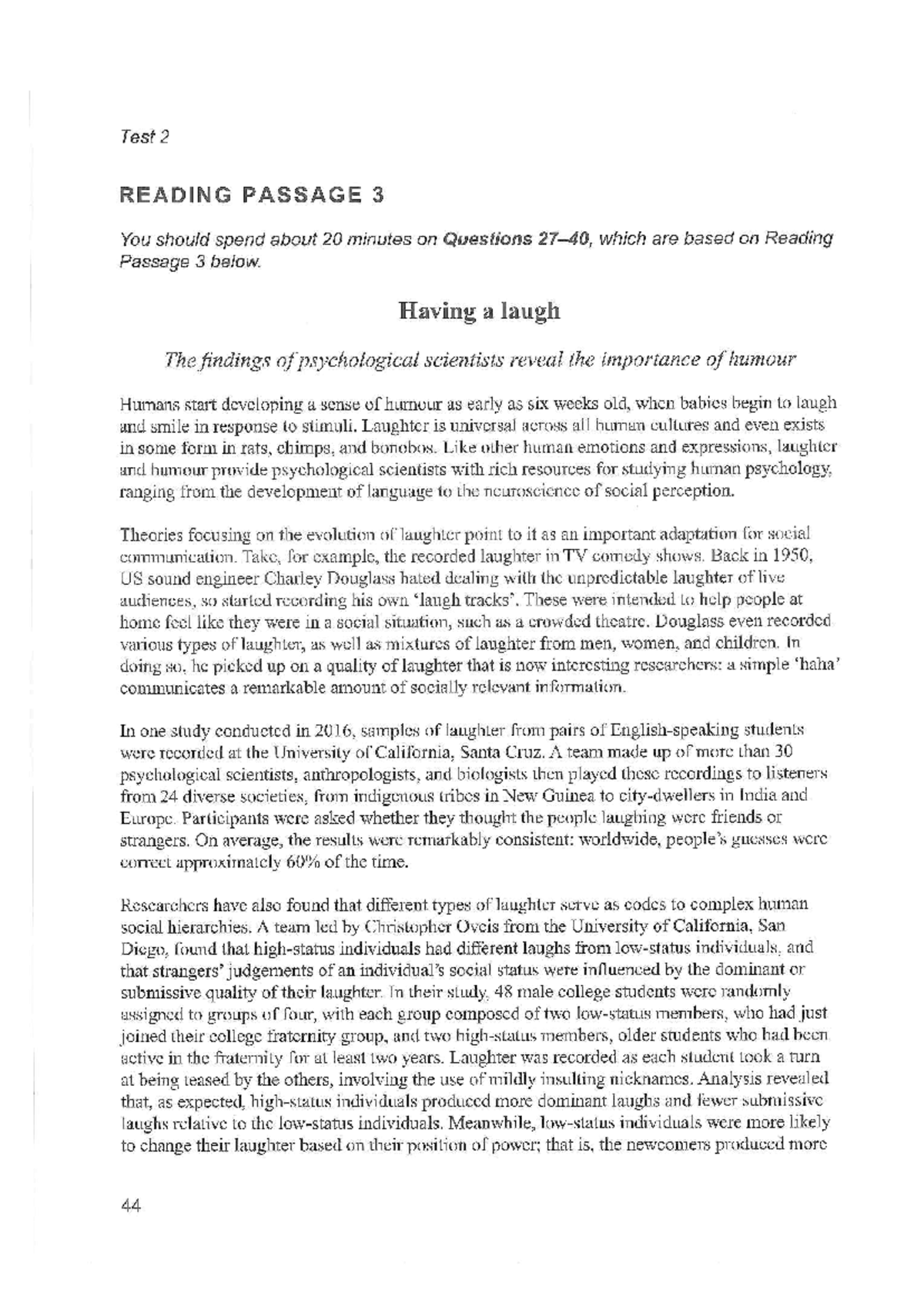 Test 2 READING PASSAGE 3: The Role of Humour in Human Psychology - Studocu