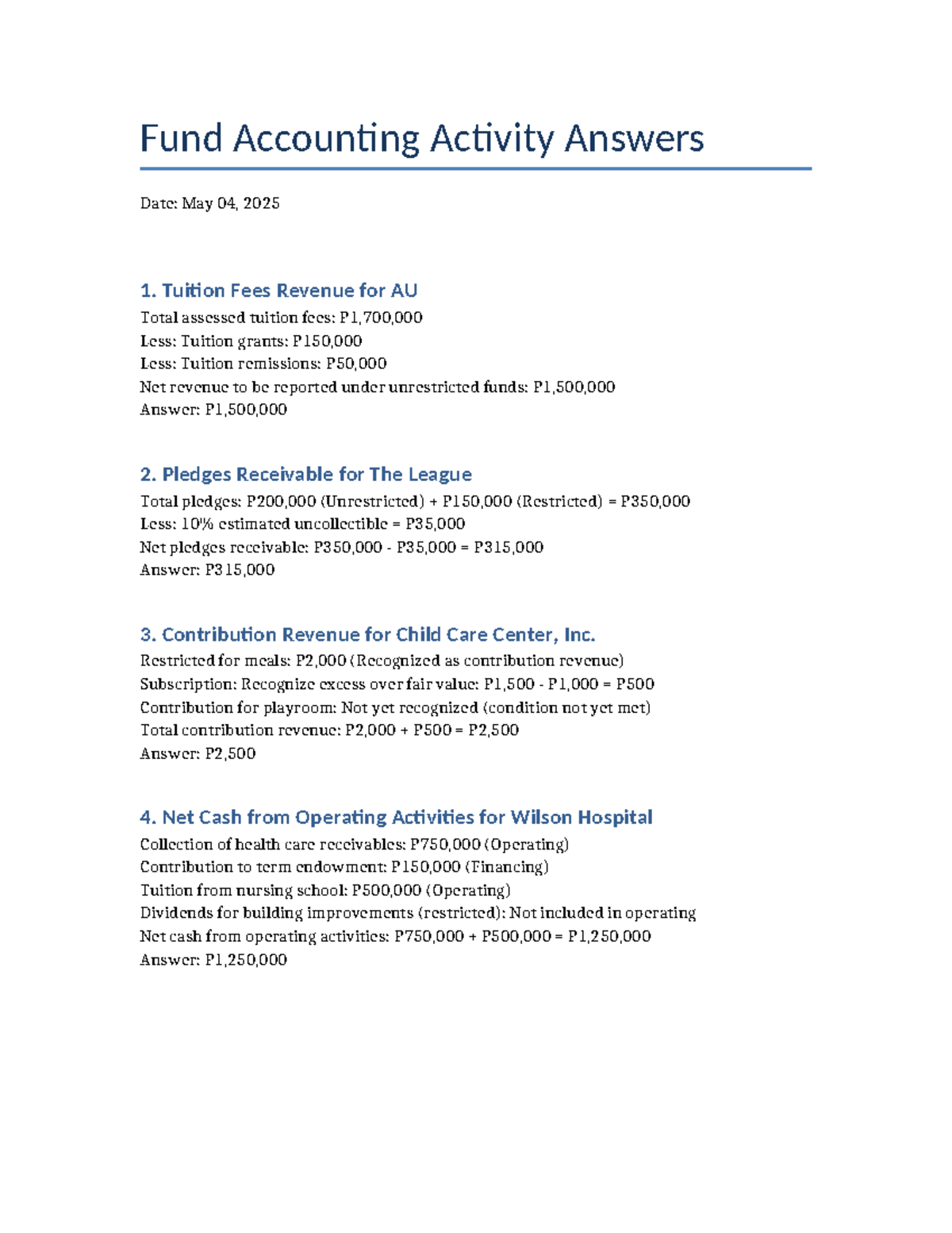 Fund Accounting Activity Answers - Key Concepts & Solutions - Studocu