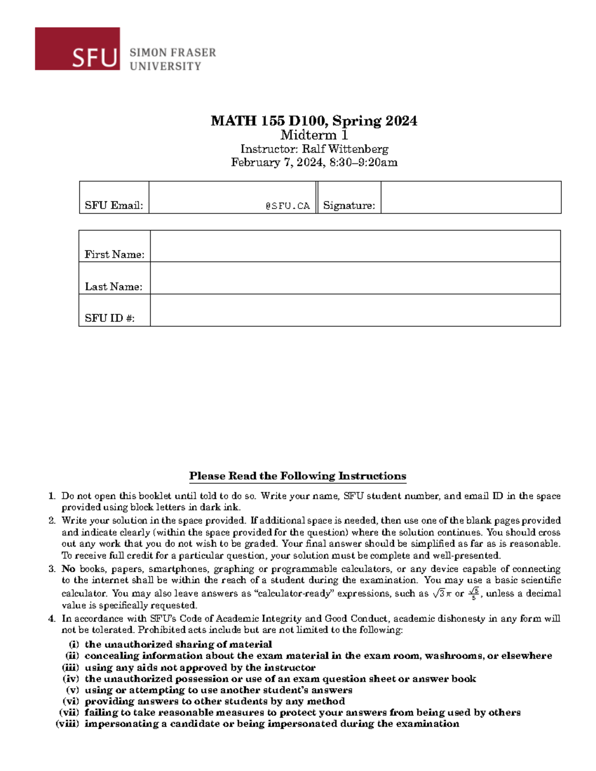 MATH 155 D100 Midterm 1 Formula Review for Spring 2024 - Studocu
