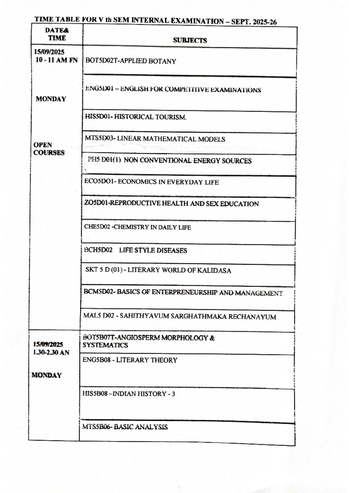 5th SEM Internal Exam Time Table - Sept. 2025-26 - Studocu