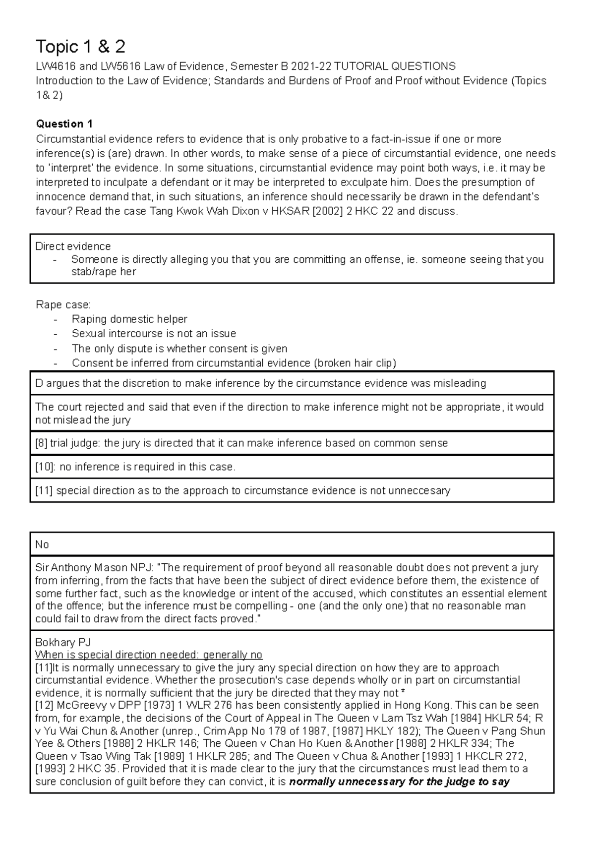 LW4616 & LW5616 Law of Evidence Tutorial Notes - Topics 1 to 4 - Studocu