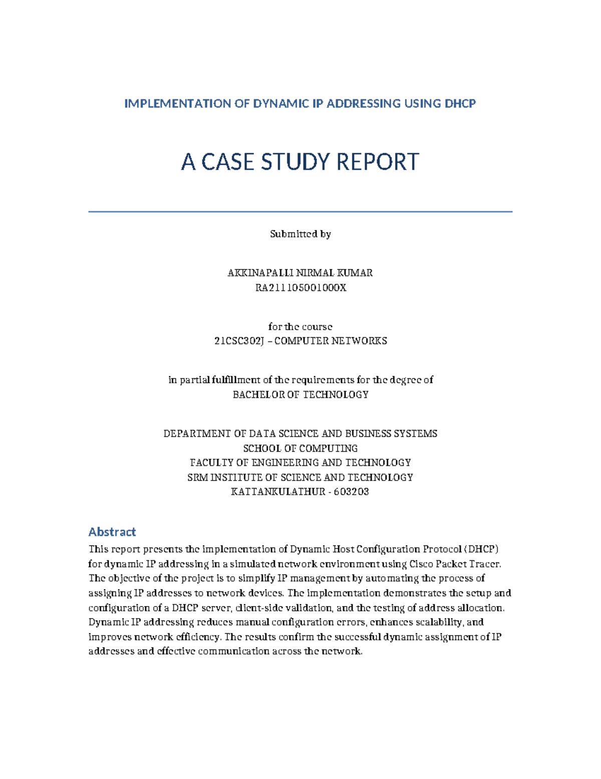 21CSC302J - DHCP Dynamic IP Addressing Case Study Report - Studocu
