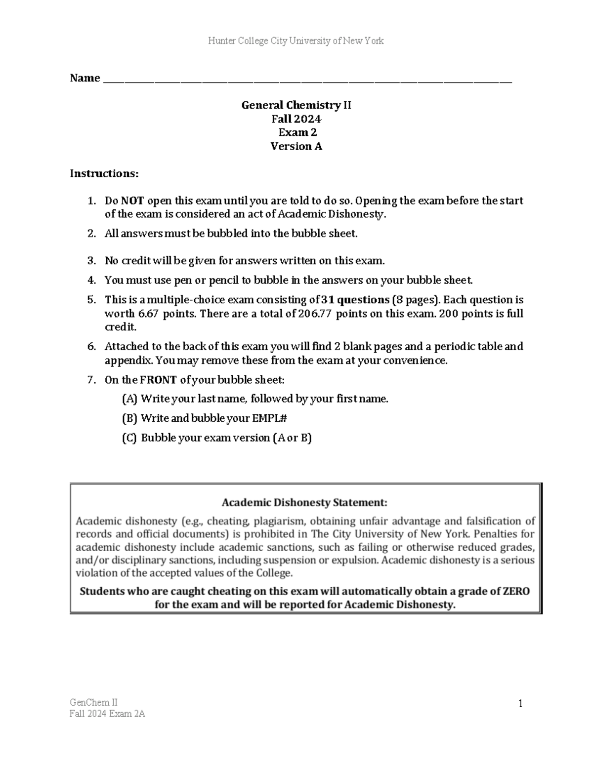 GenChem II Fall 2024 Exam 2A - Practice Questions and Instructions ...