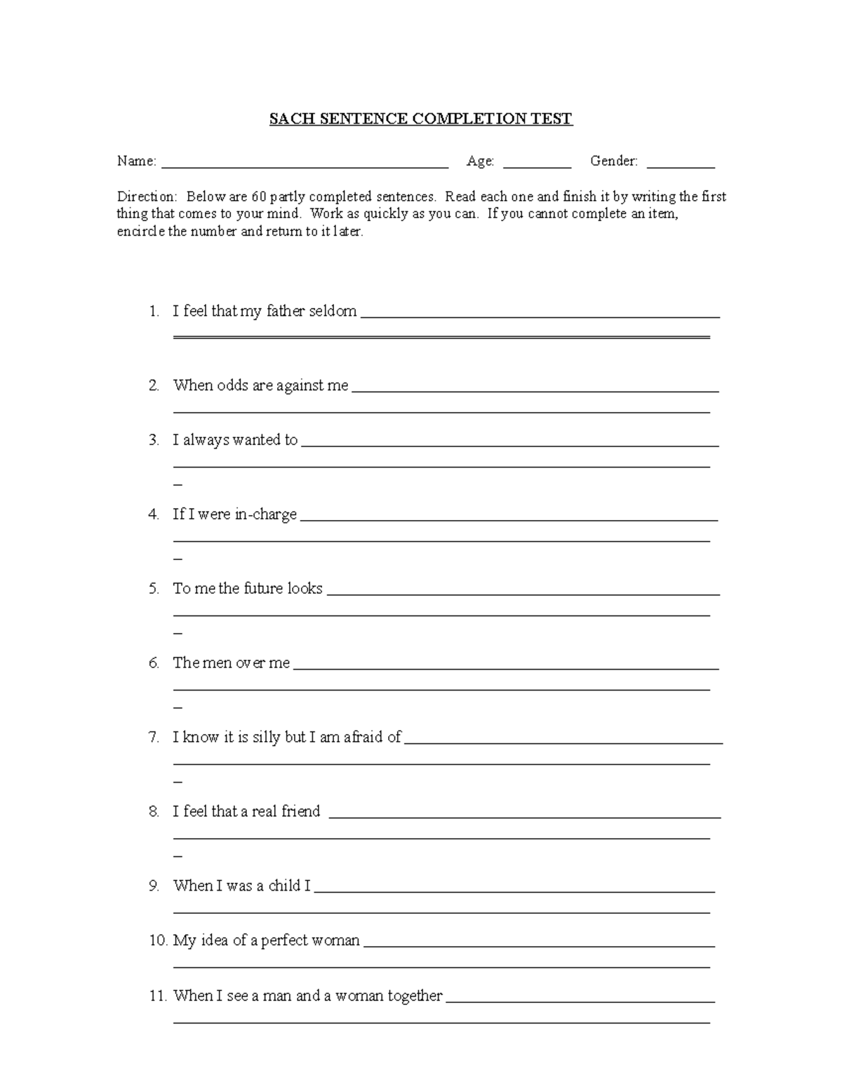 SACH Sentence Completion Test: Instructions & Practice Prompts - Studocu