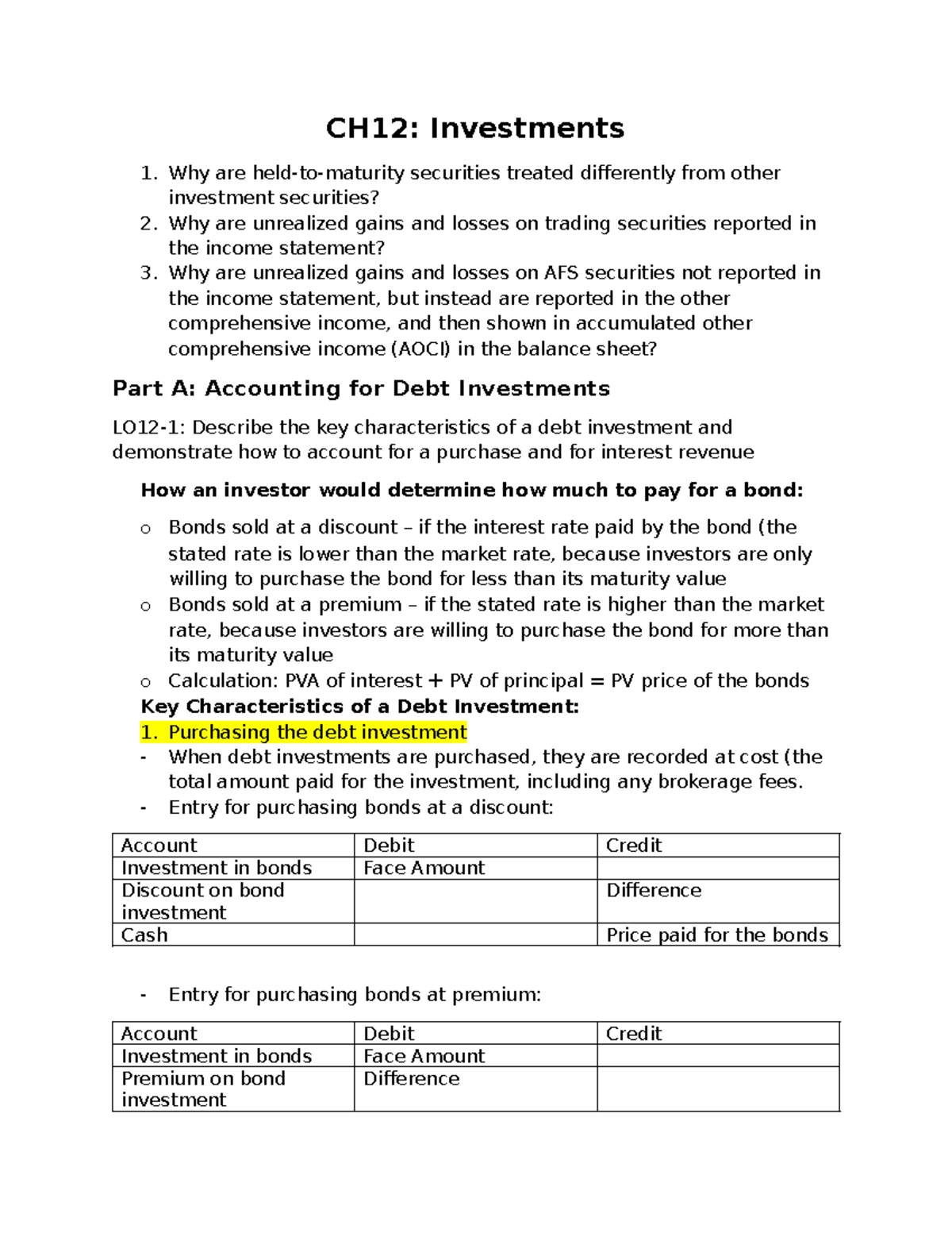 CH12: Investments Notes - Understanding Debt Securities and Accounting ...