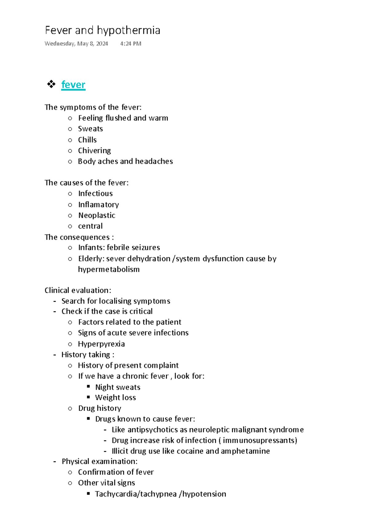 Fever Symptoms, Causes, and Treatments: Clinical Notes - Studocu