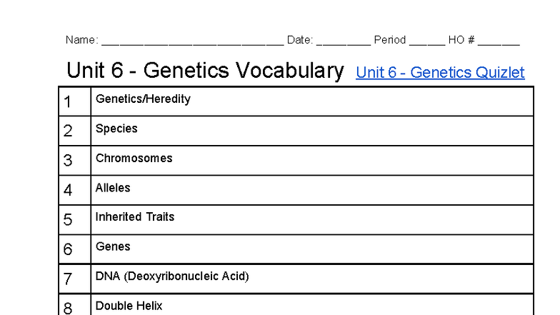 Unit 6 Genetics Quizlet Vocabulary Key for Perun 7 - Studocu