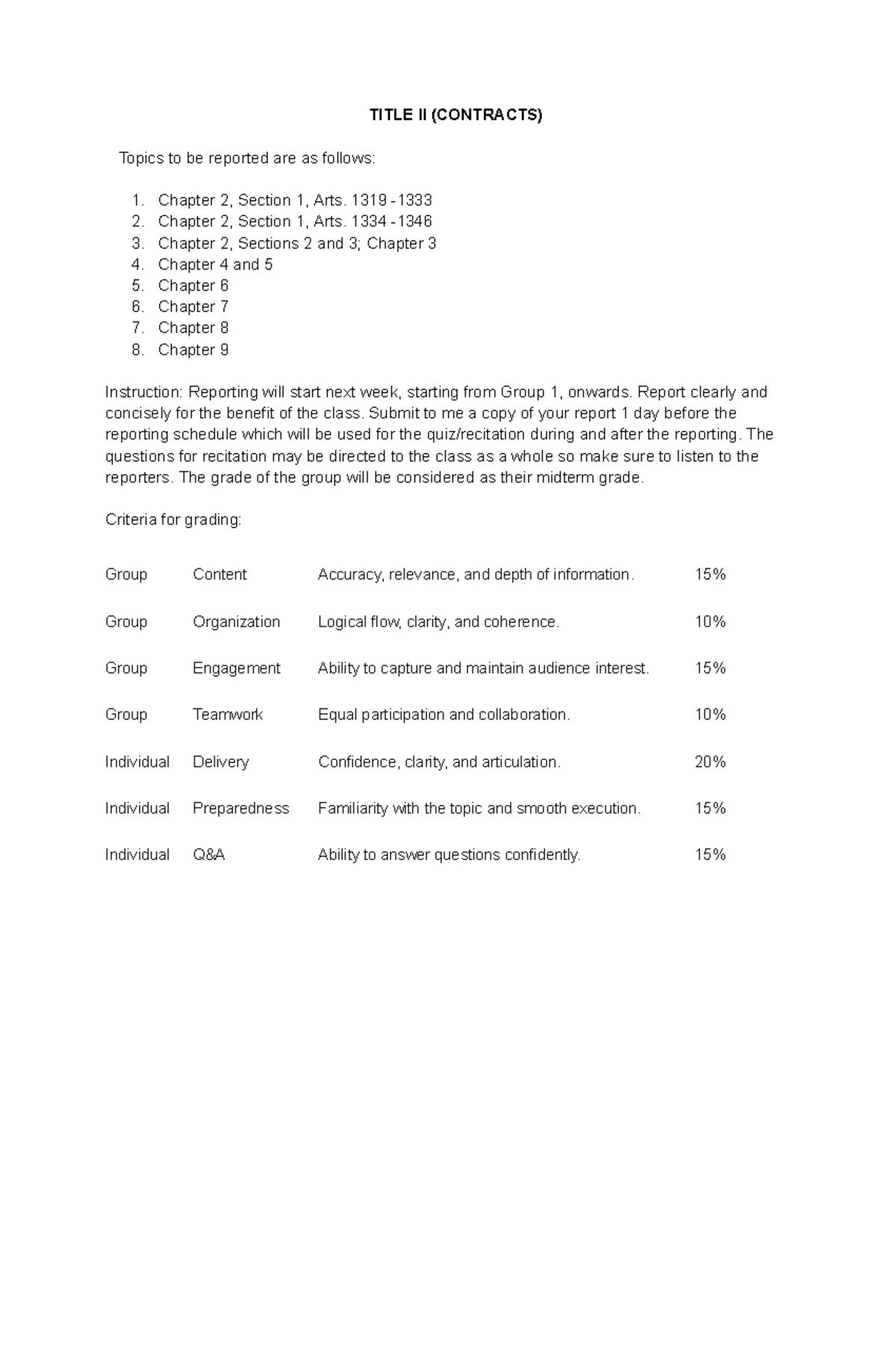 Oblicon Reporting Topics & Instructions (TITLE II - CONTRACTS) - Studocu
