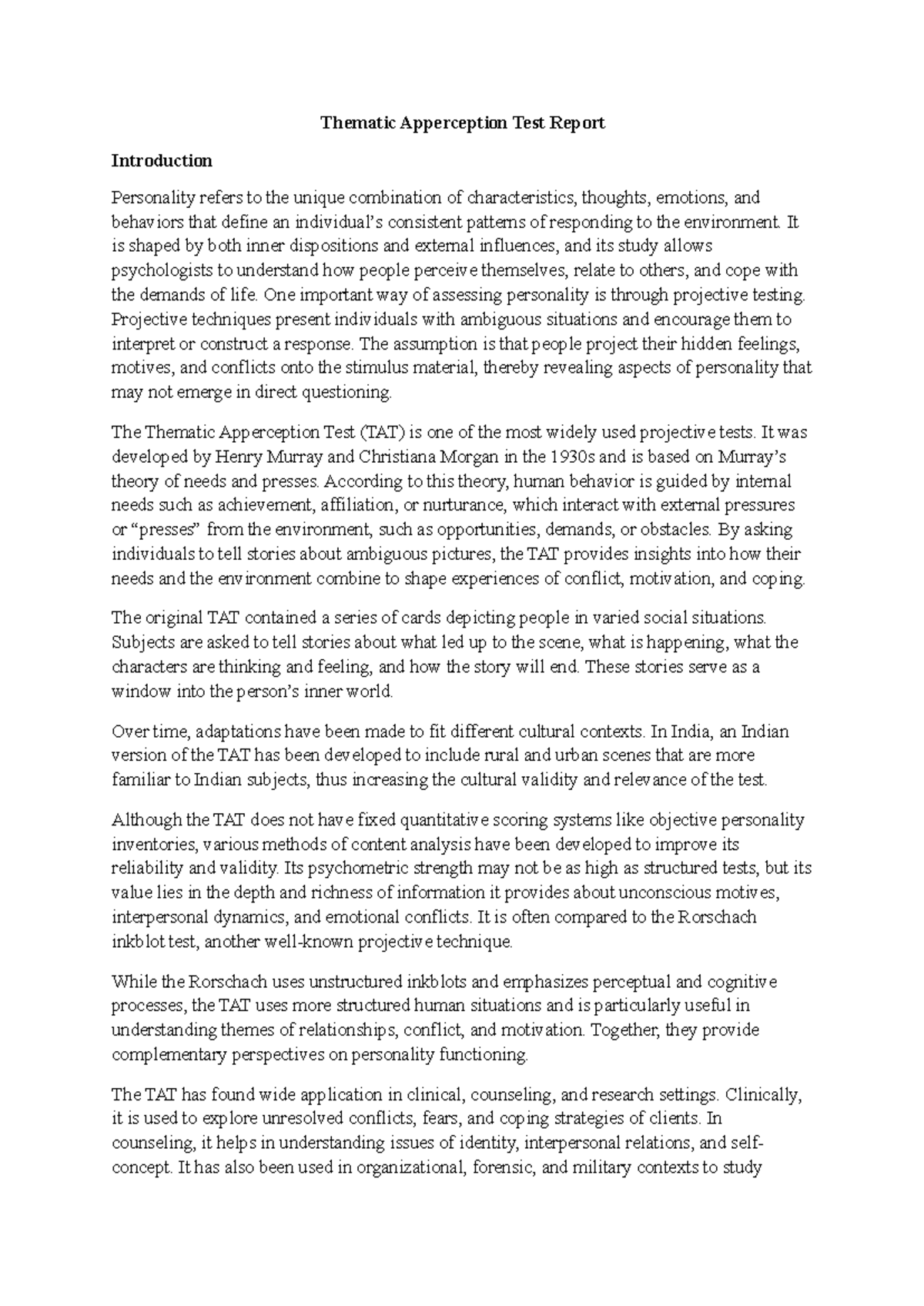 TAT Report: Exploring Personality Dynamics and Emotional Conflicts ...