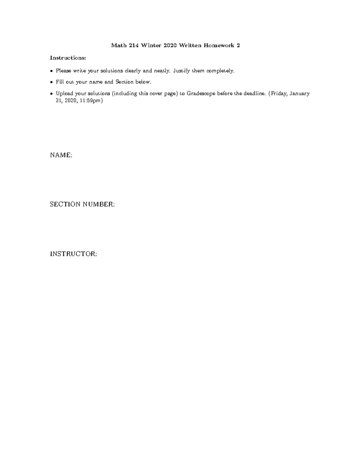 Hw2 - hw2 - Math 214 Winter 2020 Written Homework 2 Instructions ...