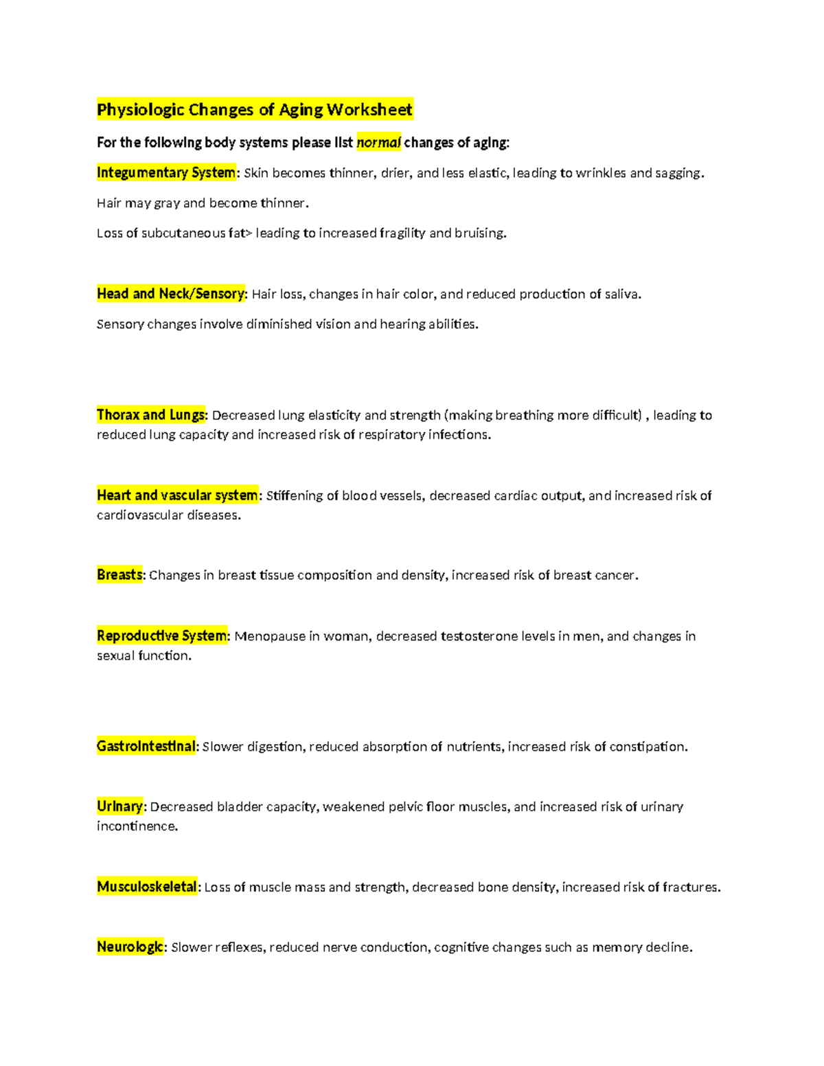 Physiologic Changes of Aging Worksheet (2) Geron WEEK 1 - Physiologic ...