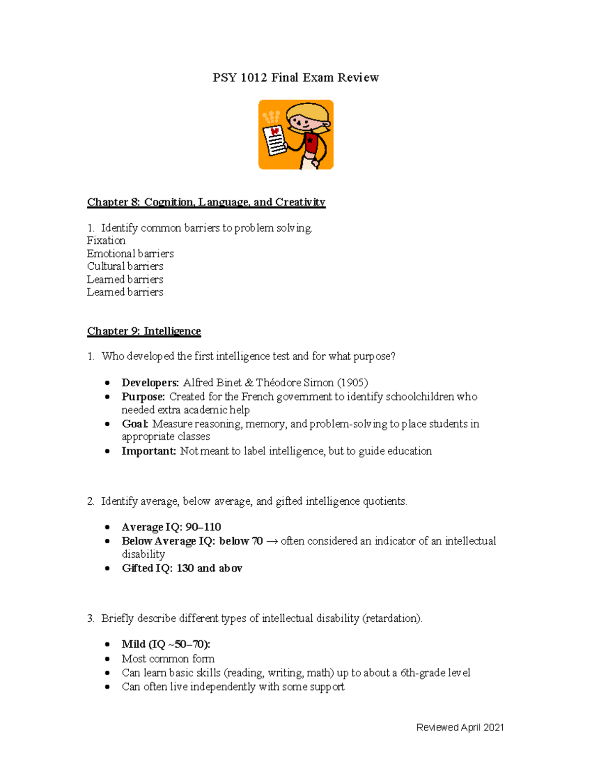 PSY 1012 Final Exam Study Guide: Cognition, Intelligence, and Disorders ...