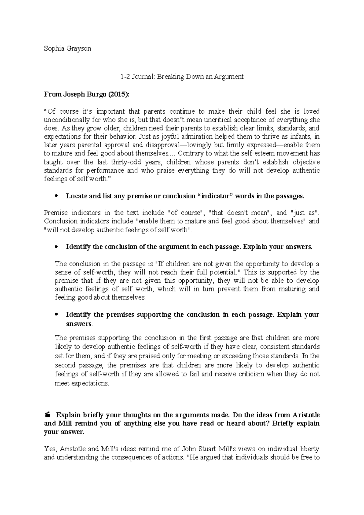 1-2 Journal: Analyzing Arguments from Aristotle and Mill - Studocu
