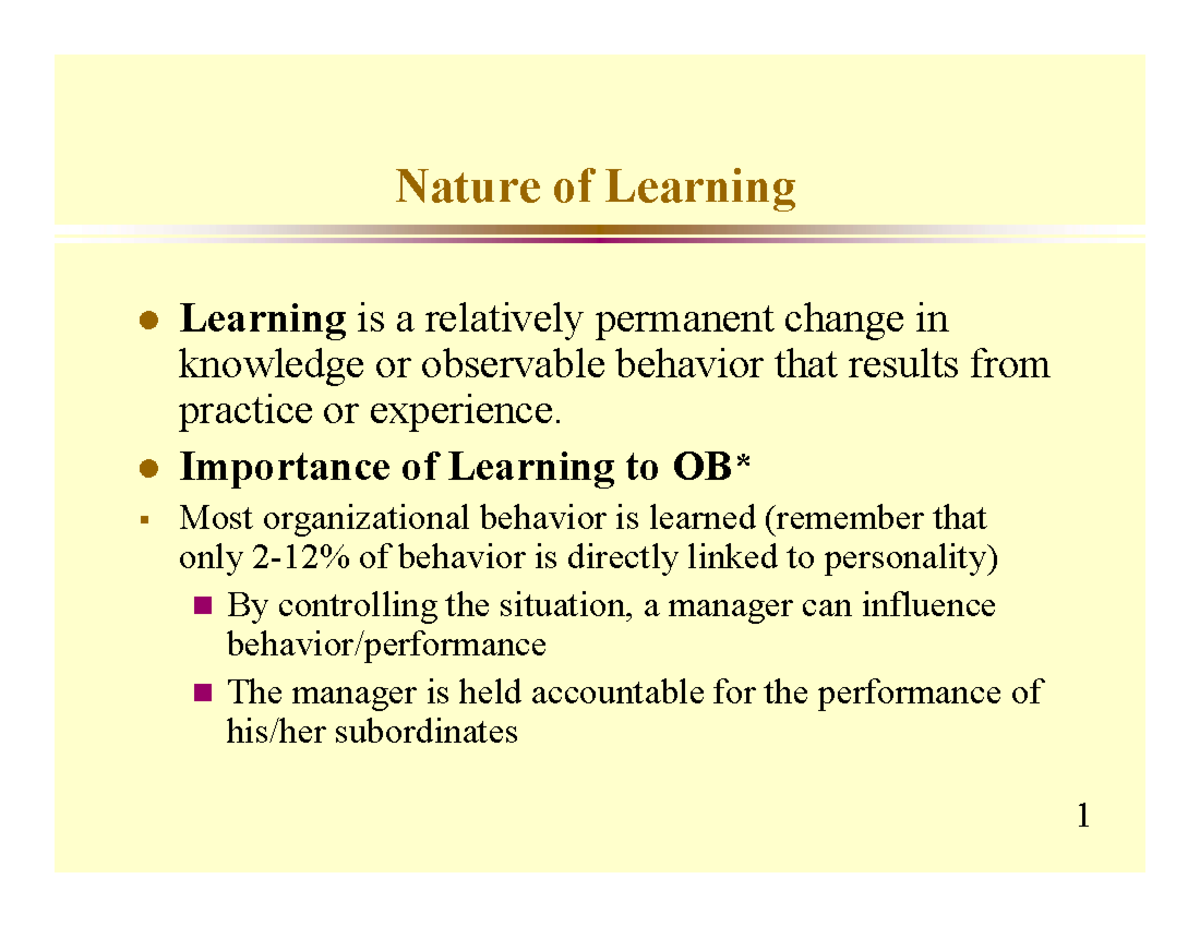 OB 101: Learning and Reinforcement in Organizational Behavior - Studocu