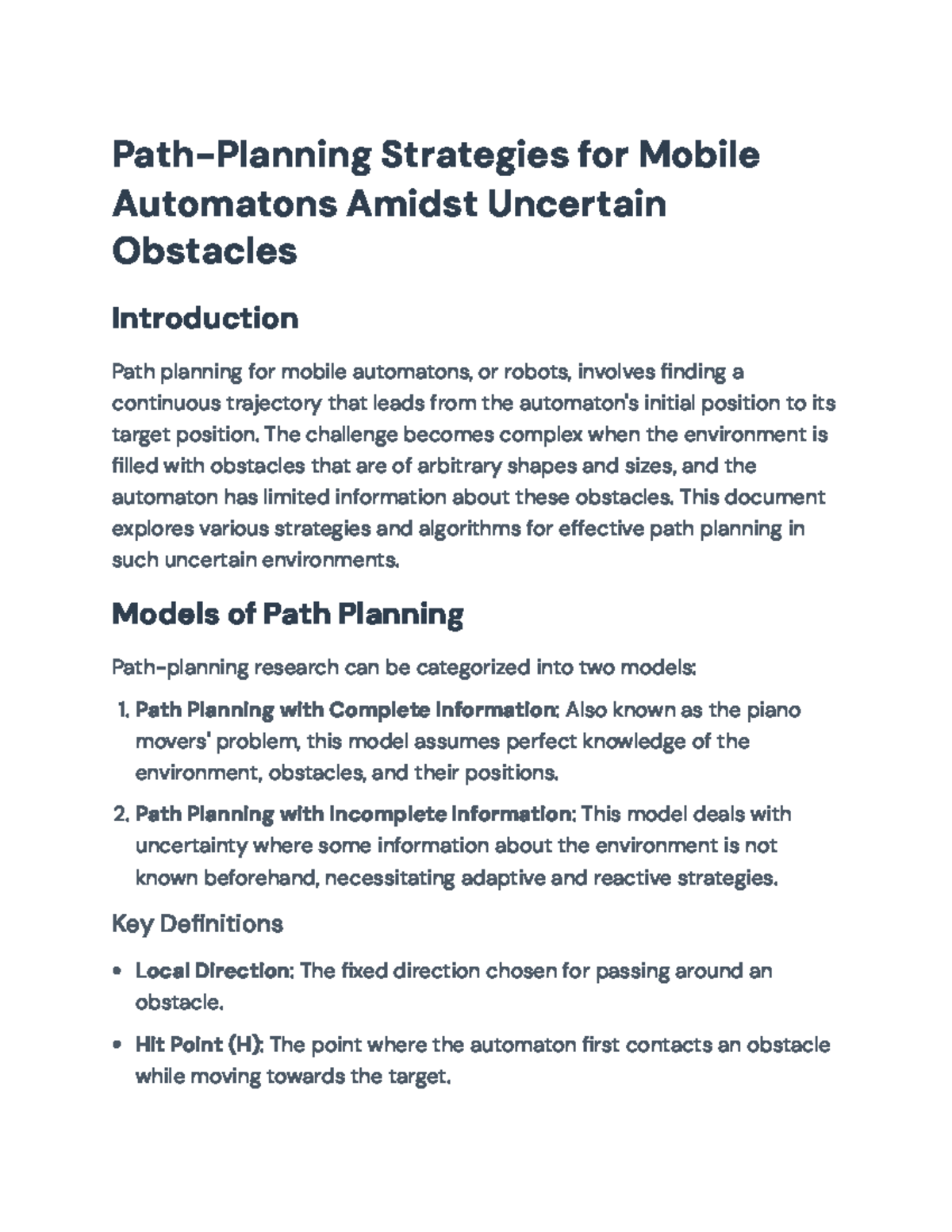 Path Planning Strategies for Mobile Automatons in Uncertain ...