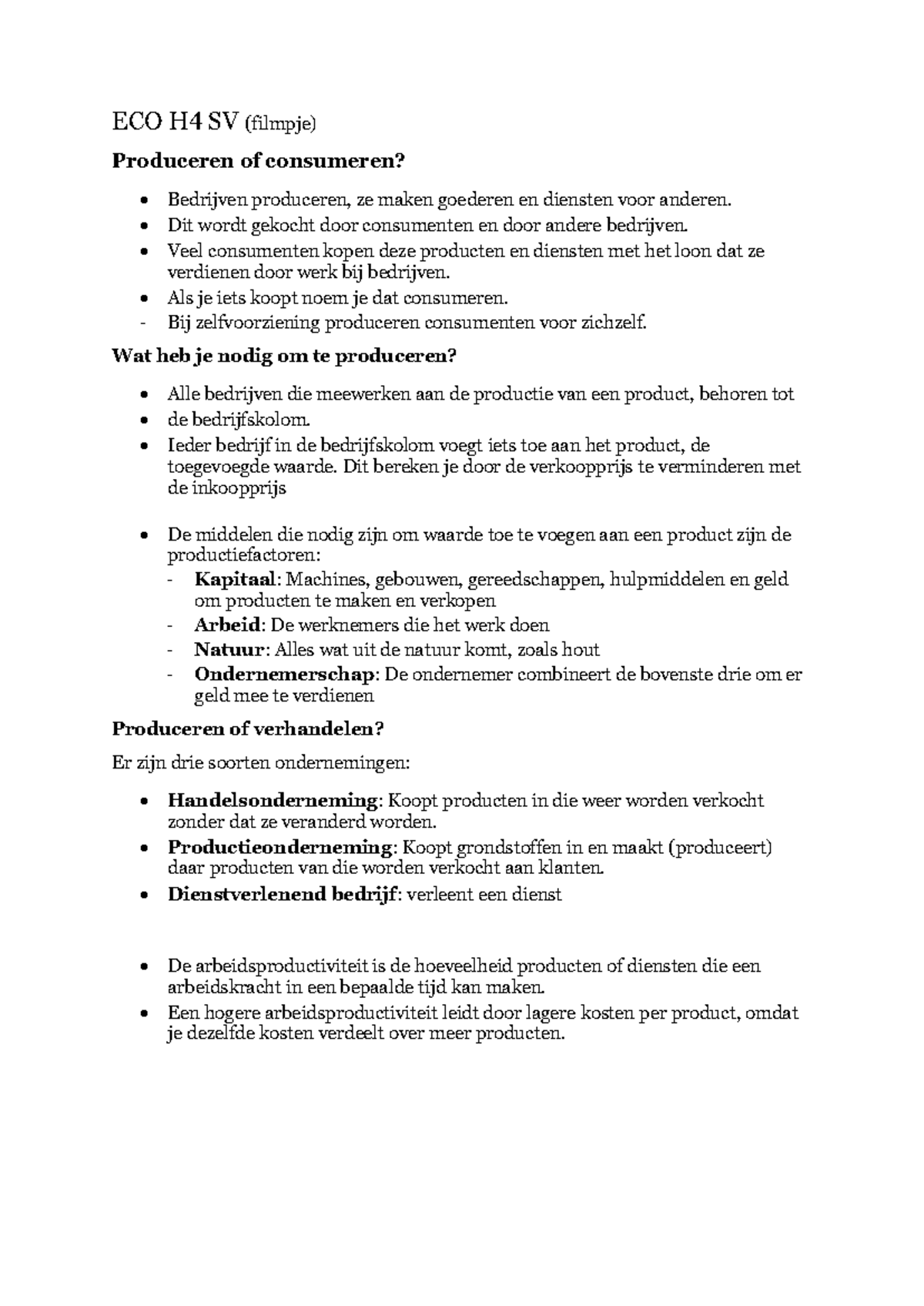 ECO H4 SV: Produceren vs. Consumeren en Bedrijfskolom Analyse - Studeersnel