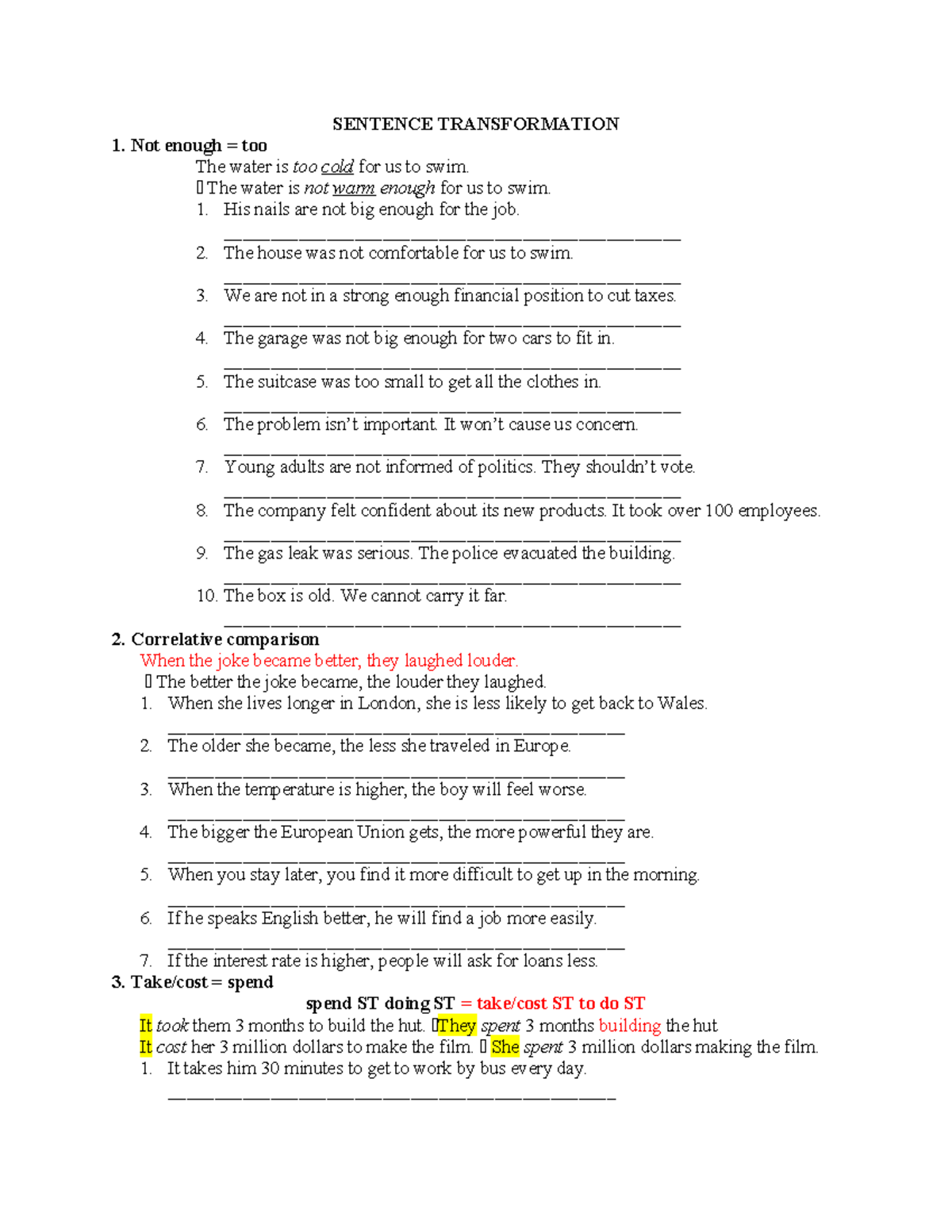TATQ1 Sentence Transformation Exercises and Examples - Studocu