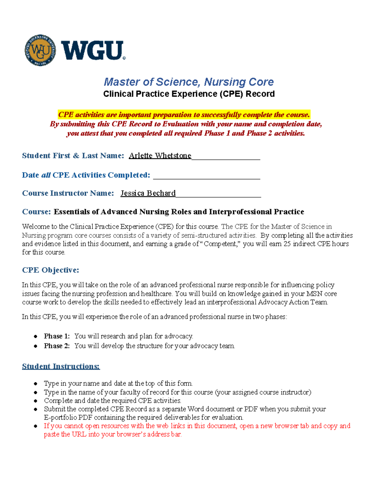 D025 - Clinical Practice Experience (CPE) Record for Nursing Students ...