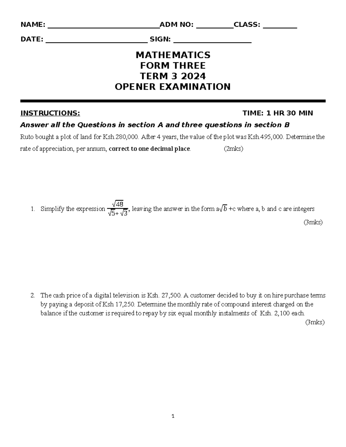 Mathematics F3 Term 3 2024 - Opener Exam Quality Questions and Notes ...