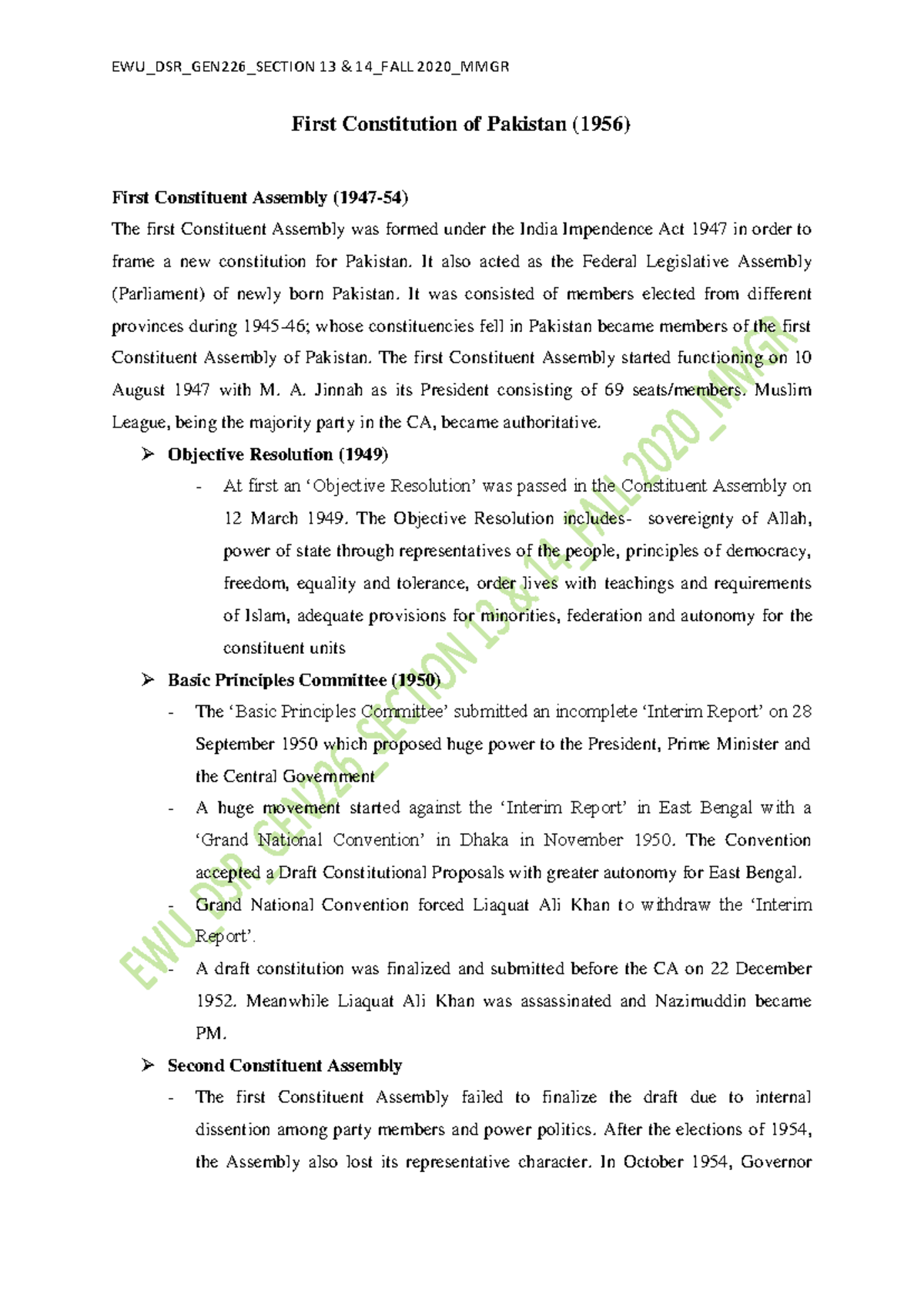 Lecture 5: The First Constitution of Pakistan (1956) - EWU_DSR_GEN226 - Document Preview