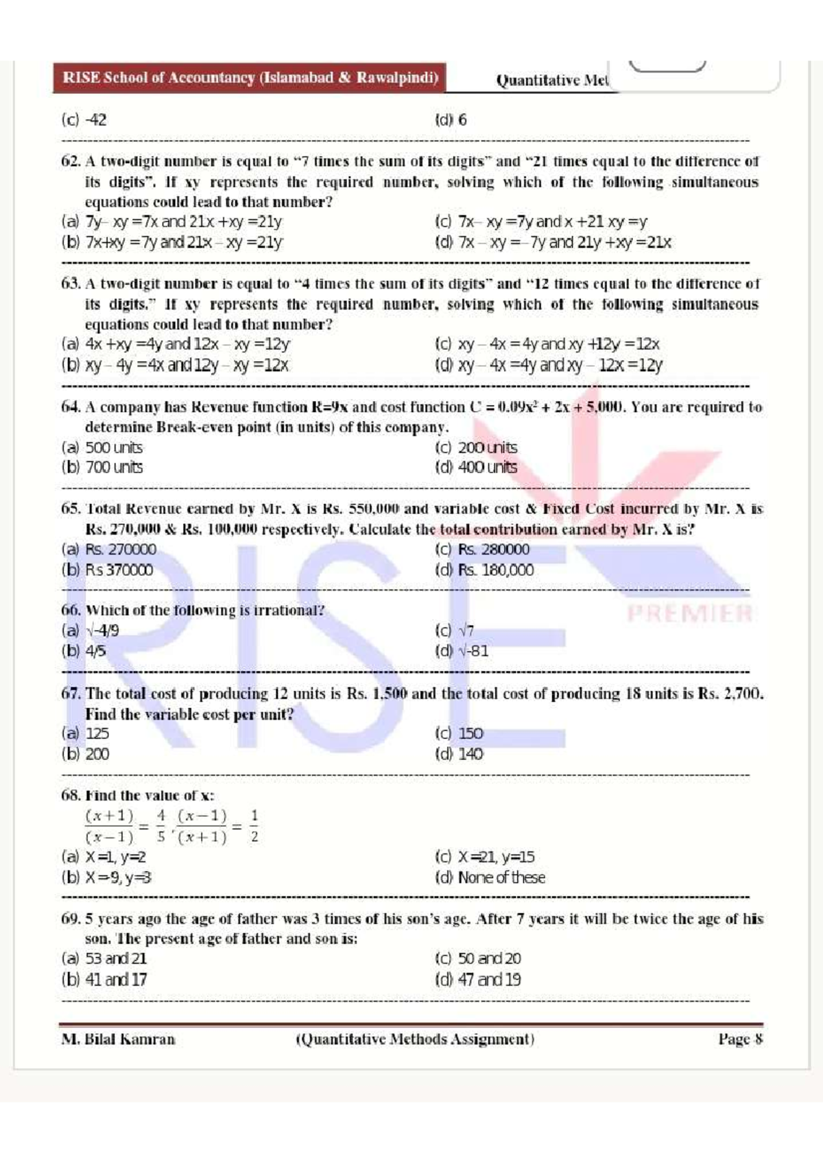 RISE School of Accountancy (Islamabad Rawalpindi) Quantitative Methods ...