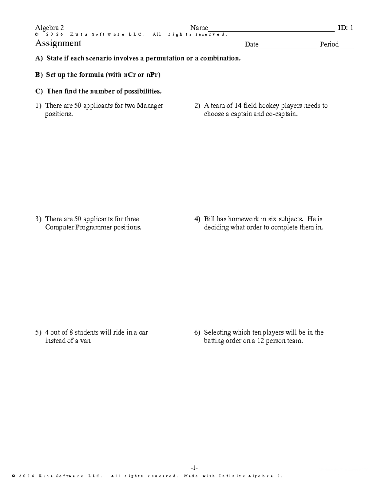 Algebra 2 - Comb vs Perm Worksheet: Geometry Probability Practice - Studocu
