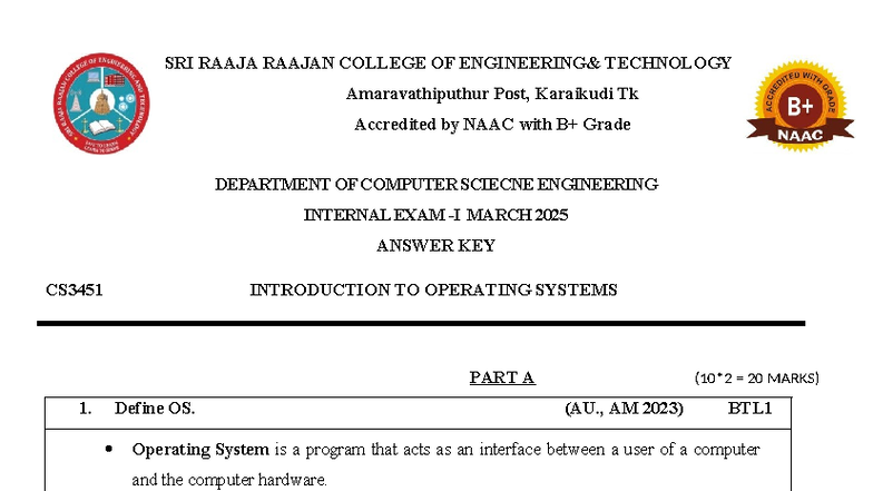 CS3451 INTERNAL EXAM ANSWER KEY - INTRODUCTION TO OS - Studocu