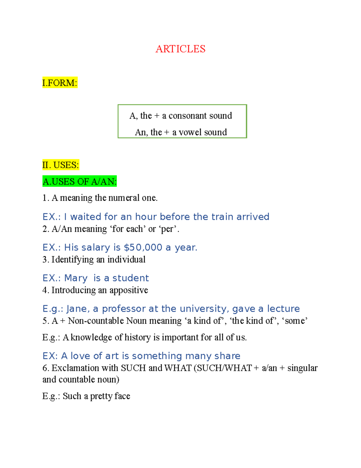 Articles: Understanding A and An Usage in English Grammar - Studocu