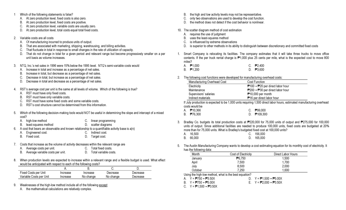 Assignment Fin Man-Cost Behavior and CVP Analysis Exam Review - Studocu