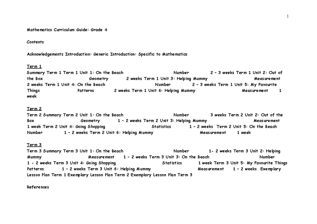 Grade 4 MATH Curriculum Activity Sheet: Term 1 Overview - Studocu
