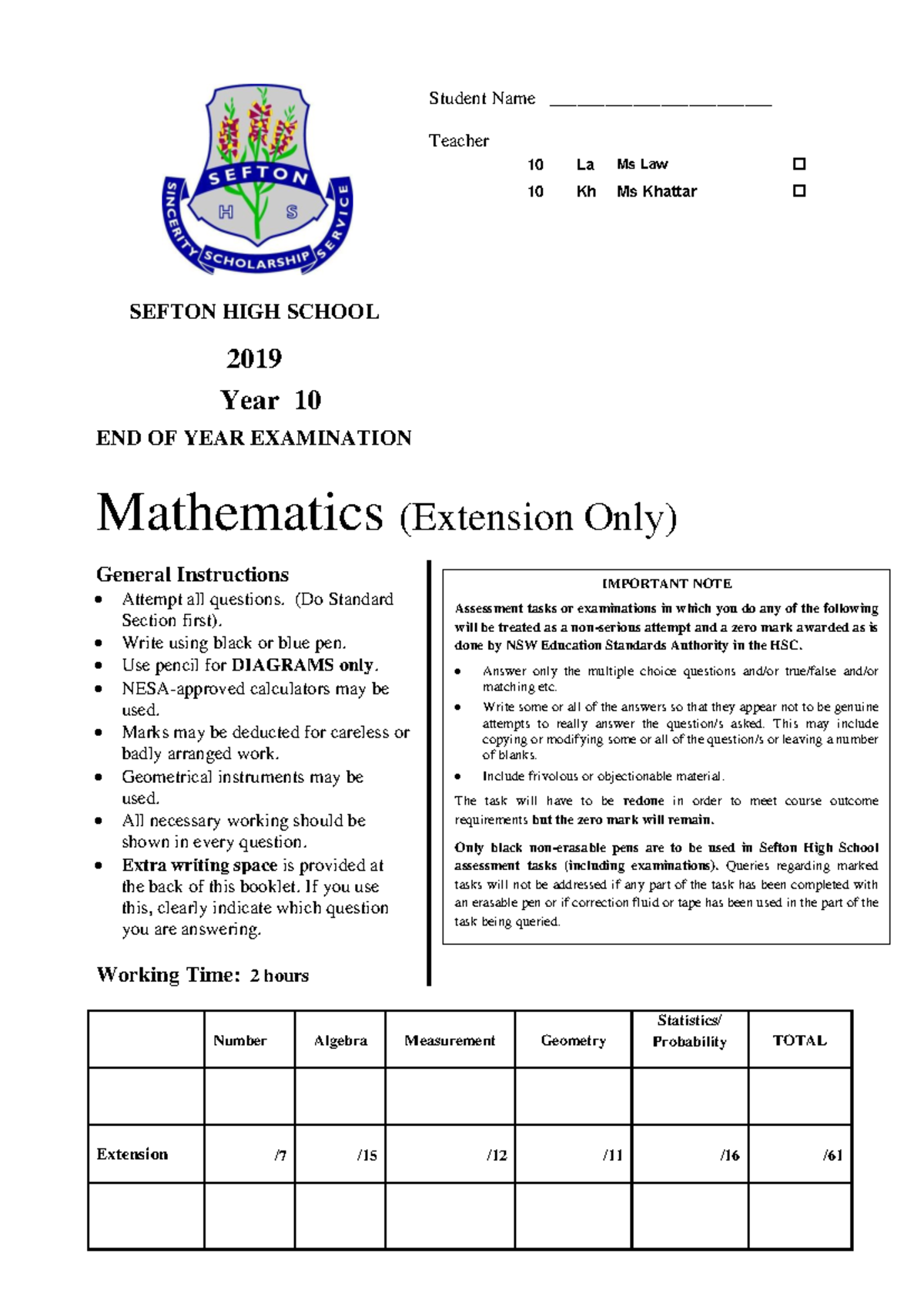 2019 Year 10 Mathematics Extension Exam Guidelines and Questions - Studocu