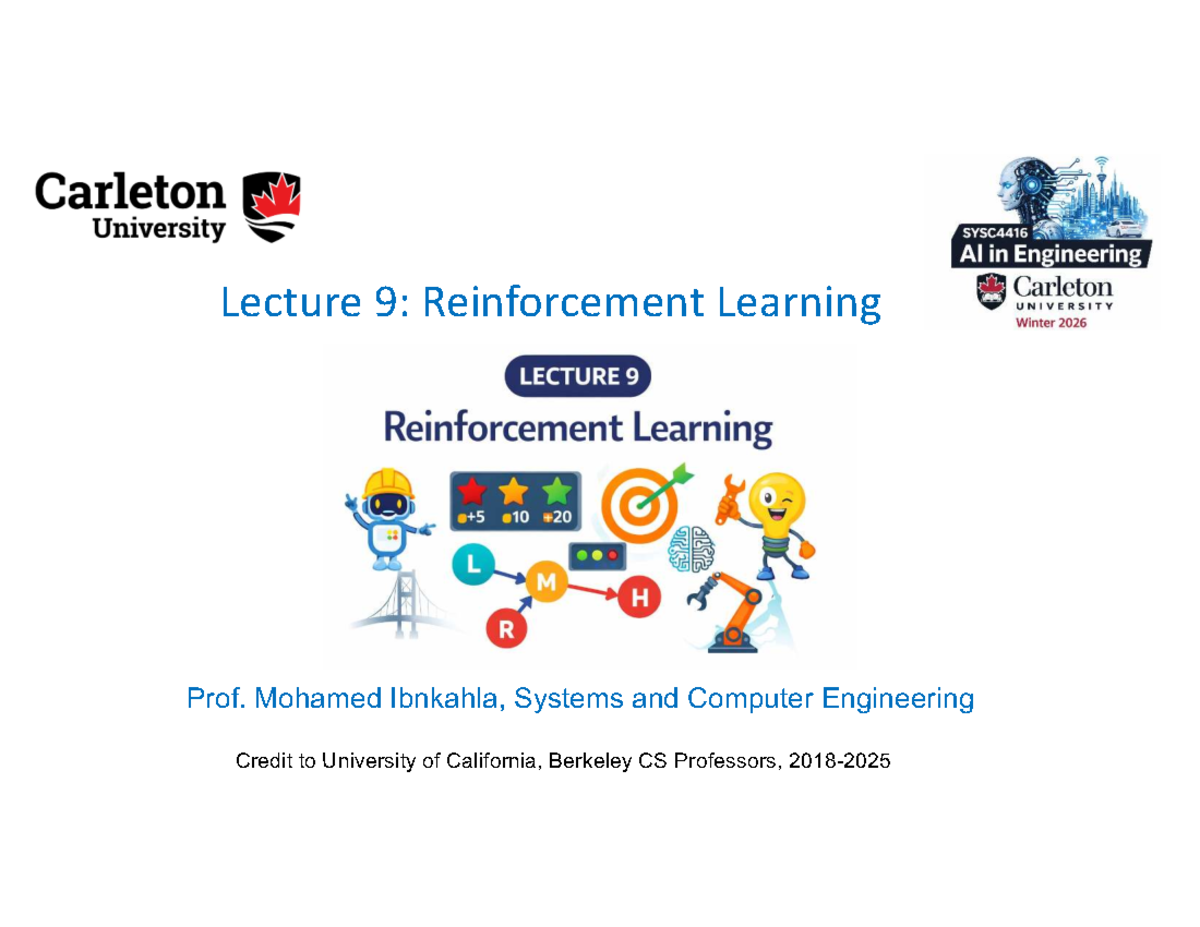 Lecture 09: Overview of Reinforcement Learning Concepts in CS - Studocu