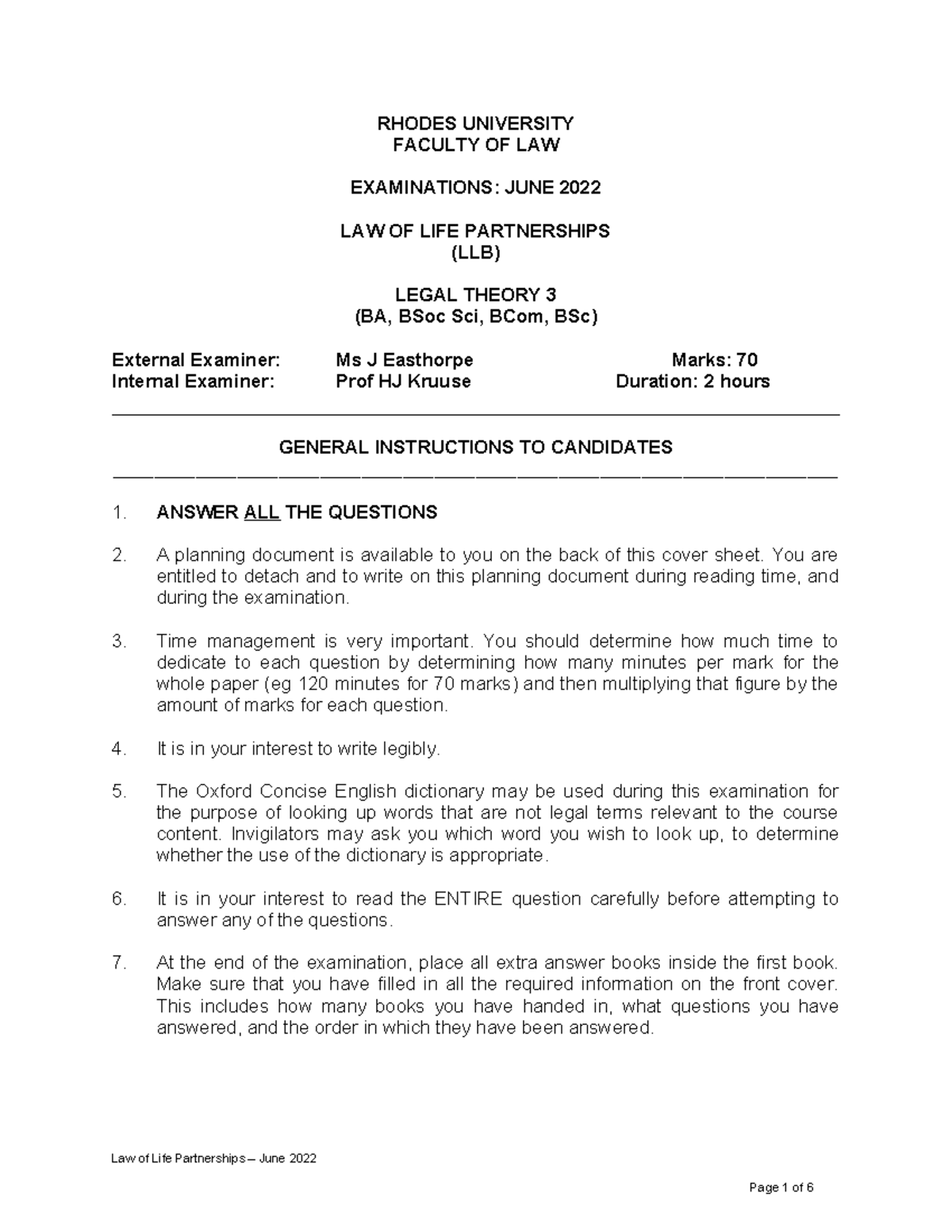 LAW OF LIFE PARTNERSHIPS (LLB) June 2022 Final Exam Insights - Studocu