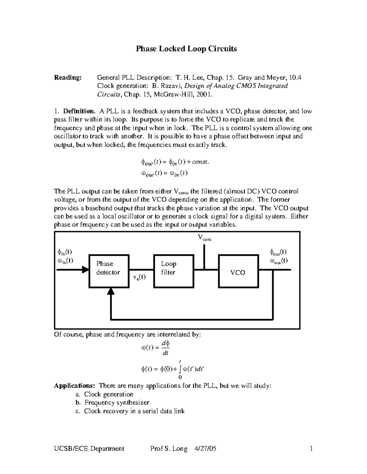 PLL intro 594a s05 - Phase locked loop - Phase Locked Loop Circuits ...